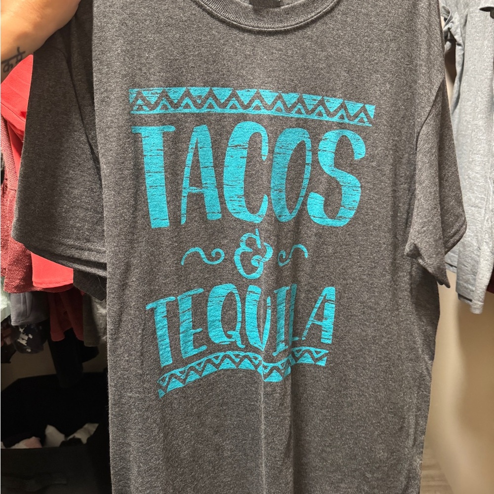 Gray T-Shirt with Blue Tacos & Tequila Print